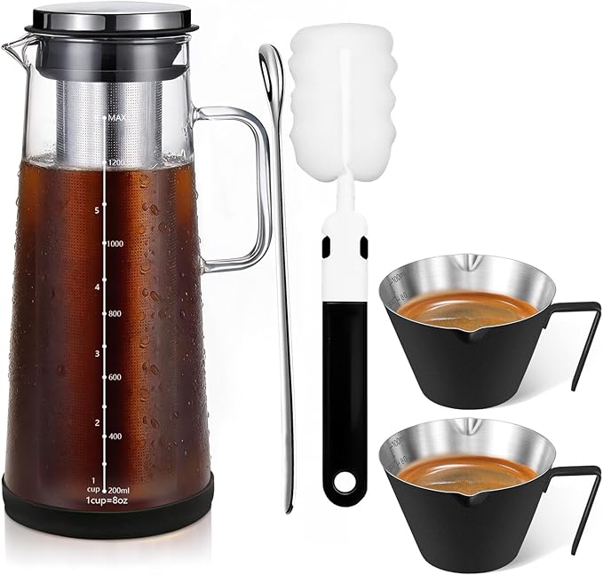 Cold Brew Coffee Maker 1.4L/48oz with Extended Filter & 2 Pcs Stainless Steel Espresso Cup (Black), Coffee Brewing Set with Cleaning Brush, Stirring Spoon & 3.4oz/100ml Dual Scale Measuring Cup