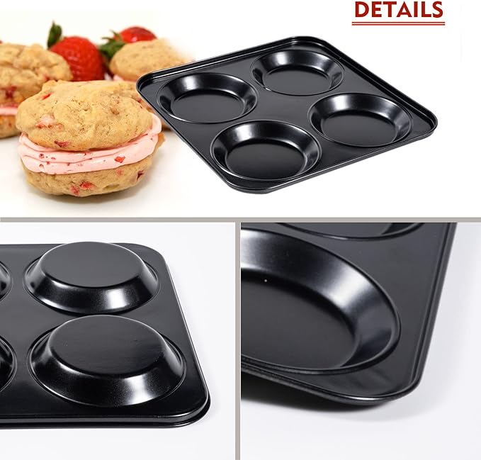 Muffin Top Pan Non Stick 4 Cavity Baking Moon Pie Whoopie Pie, 4 Inch Yorkshire Pudding Pan Hamburger Bun Pan Cake Baking Tray Egg Sandwich Mold Maker Mold for Oven, Air Fryer