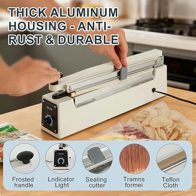 Impulse Heat Sealer with Sealing Bar: Heavy-Duty Bag Sealer with Extra Cutting Blade (White, 8-Inch)