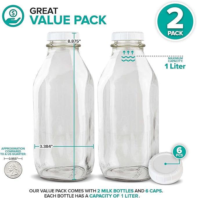 Stock Your Home Liter Glass Milk Bottles (2 Pack) - 32-Oz Milk Jars with Lids - Food Grade Glass Bottles - Dishwasher Safe - Bottles for Milk, Buttermilk, Honey, Maple Syrup, Jam, BBQ Sauce