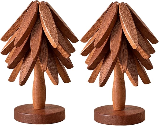 Natural Foldable Black Walnut Wooden Trivet Set - 4 Trivets + 1 Stand for Hot Dishes, Pot, Bowl, Teapot, Hot Pot Holders (Black Walnut 2PCS)