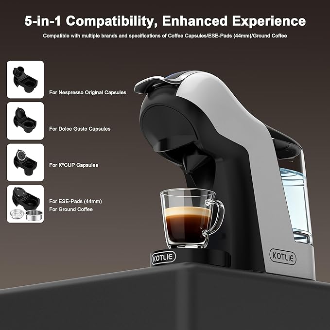 KOTLIE EM-308B Espresso Machine, Single Serve Coffee Maker Compatible with Multiple Capsule Types, Ground Coffee, and ESE Pods, 3 Temperatures, 7 Water Volume Levels, 34 Oz（White）
