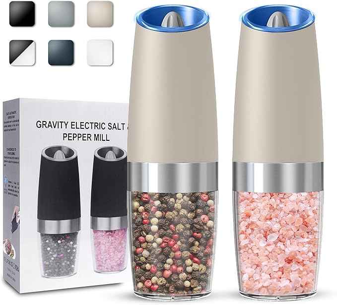 Gravity Electric Salt and Pepper Grinder set of 2, Automatic Salt And Pepper Grinder Set, Adjustable Roughness, Battery Powered, LED Light, 2 Pack, (Khaki)