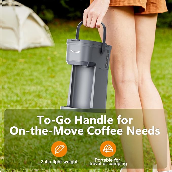 Tastyle Single Serve One Cup Coffee Maker, for K Cups and Grounds, Mini Coffee Maker with Portable Handle, 6 to 12 Oz Brew Size, for Travel, Camping, Office, RV and Dorm, 120V, Cool Gray