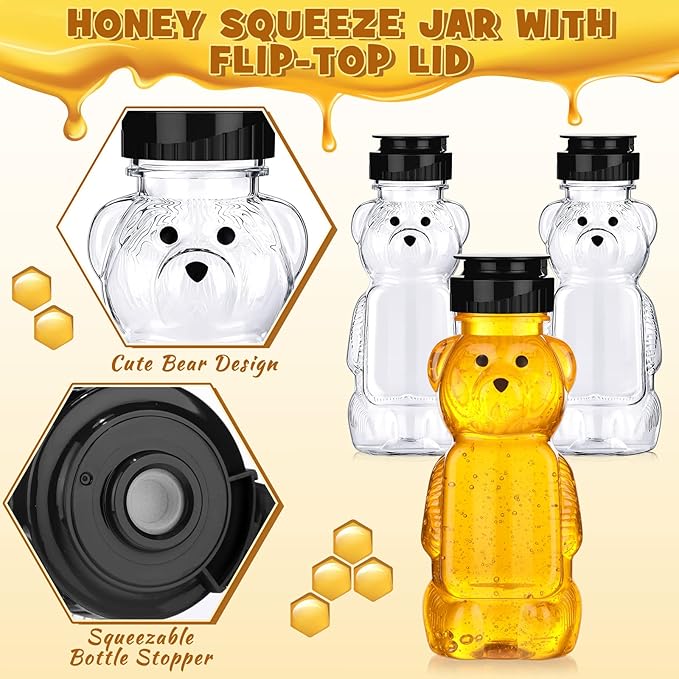 Thenshop 36 Pcs 8 oz Honey Jar Plastic Empty Honey Bear Bottle Honey Dispenser Clear Transparent Honey Containers Bear Cup Honey Squeeze Bottle with Flip Top Lid for Storing Dispensing (Black Lid)