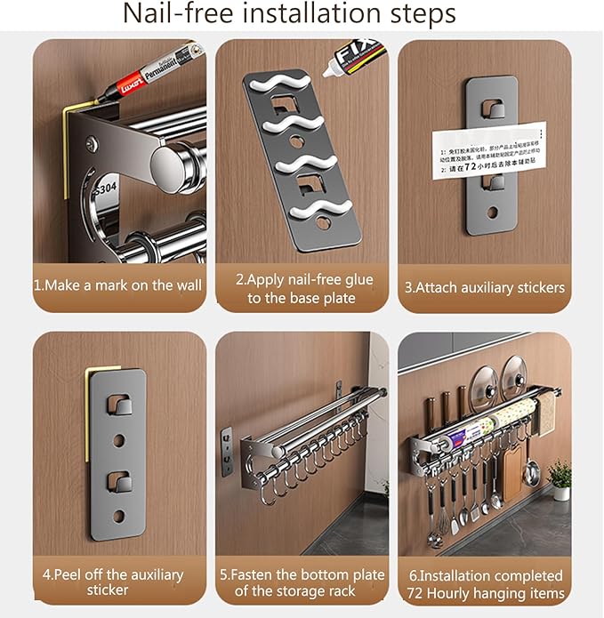 Hanging Wall Mount knife Wall Mount, Space-Saving Knife Rack with Hooks, Kitchen Organizer Storage Shelf for Utensils Spatula Spoon, Kitchen Utensil Hanger (Silver, 50CM+10Hooks)