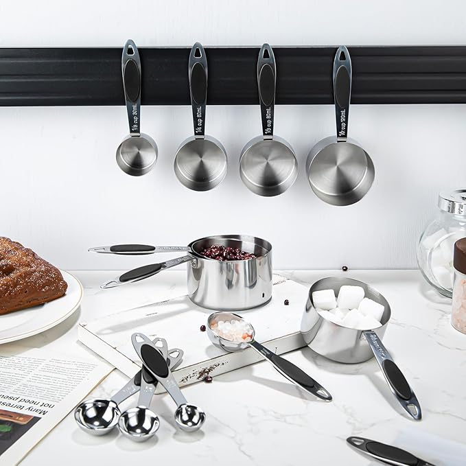 Magnetic Measuring Cups and Spoons Set, 12 Piece Stainless Steel Measuring Cups and Spoons Set, Nesting Kitchen Gadgets with Removable Clasp for Cooking & Baking (Black)