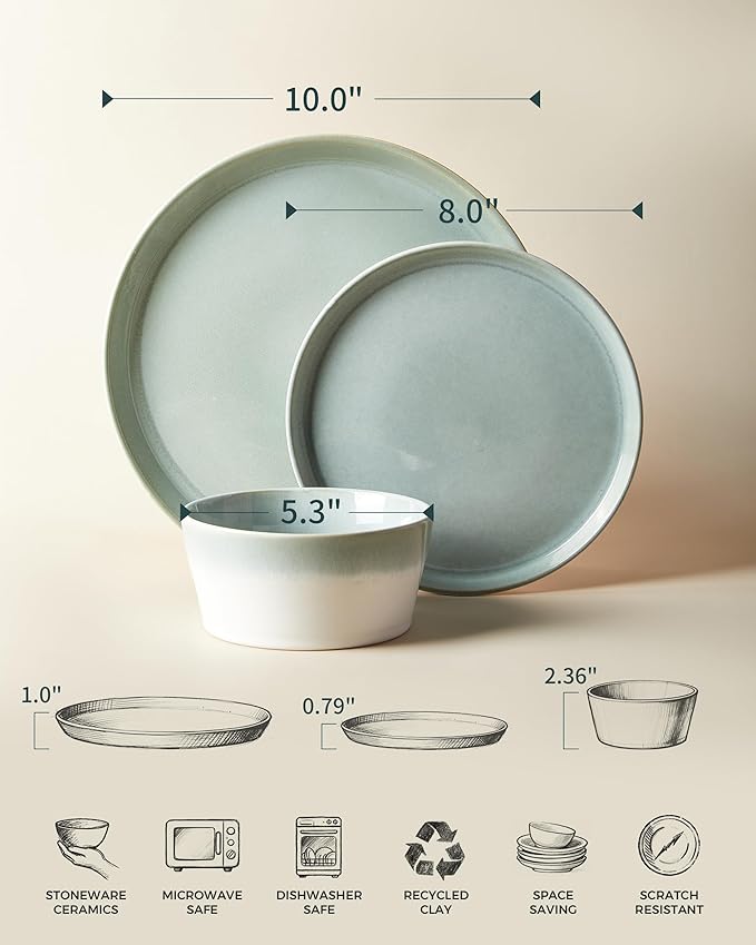 Pokini Dinnerware Sets for 6, Ceramic Plates and Bowls Set, Modern Artisan Dish Set, Microwave & Dishwasher Safe Dishware Set, Chip & Scratch Resistant Dinner Sets, Gradient Green