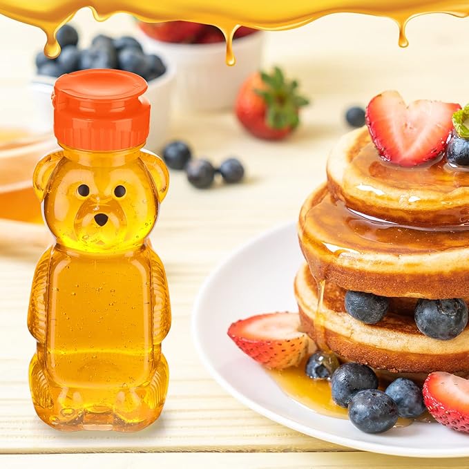 Thenshop 36 Pcs 8 oz Honey Jar Plastic Empty Bear Bottle Dispenser Clear Transparent Honey Containers Bear Cup Squeeze Bottle with Flip Top Lid for Storing Dispensing(Orange Lid)