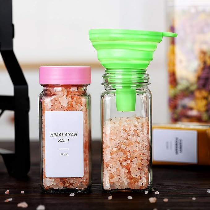 24 Glass Spice Jars with Label-4oz Spice Containers with Lids and Shaker Lids,3 Sets of Spice Labels 1 Collapsible Funnel 2 Erasable Markers (24)
