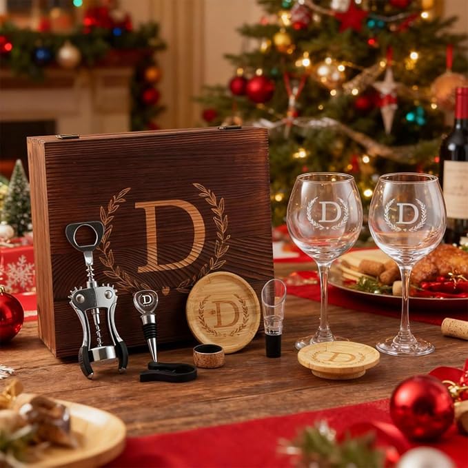 GZLDGIFTS Personalized Initial Wine Glasses Box Gift Set For Women Mom Engraved Birthday Monogrammed Wooden Christmas Gifts Wedding Anniversary Wine Couples Stopper Opener Initial Letterr (R Set)