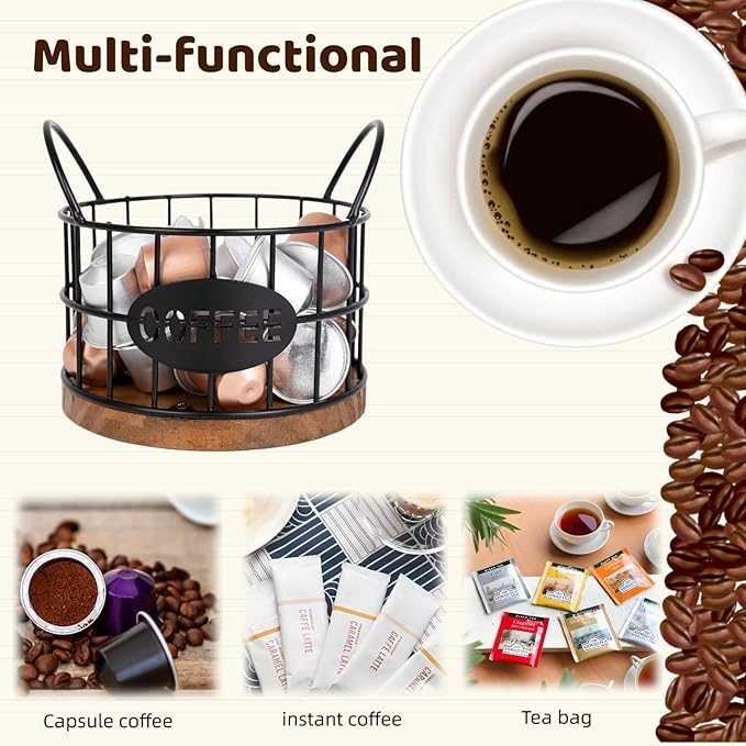 Coffee Pods Holder for Countertop, K Cup Holder Organizer, Sturdy Kcup Storage Basket with Wooden Base, Pods Container for Kitchen Bar Counter Office Desktop (Black)