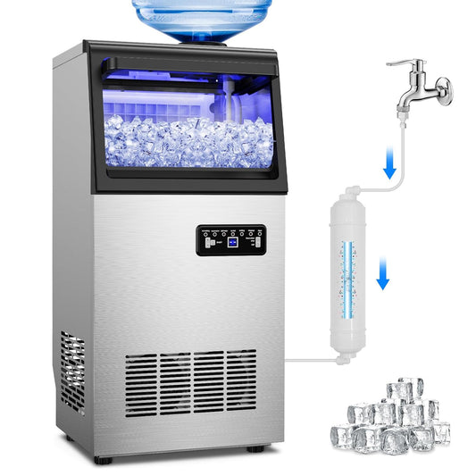 Commercial Ice Maker Machine 150Lbs/24H with 2 Water Inlet Modes, 36Pcs Ice Cubes in 8-15 Mins, Stainless Steel Under Counter/Freestanding Ice Machine with 25Lbs Storage Bin for Home/Shop/Office/Bar