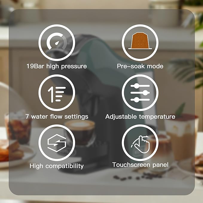 KOTLIE EM-308B Espresso Machine, Single Serve Coffee Maker Compatible with Multiple Capsule Types, Ground Coffee, and ESE Pods, 3 Temperatures, 7 Water Volume Levels, 34 Oz（Green）