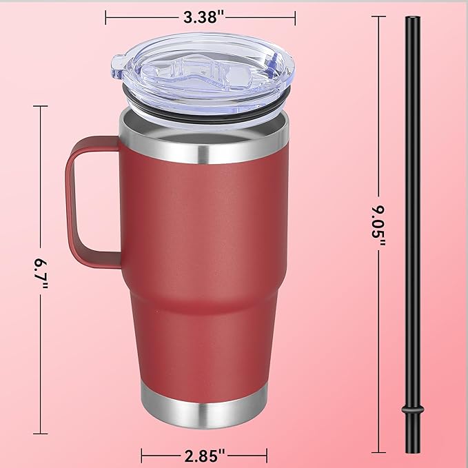 20 oz Stainless Steel Tumbler with Handle Metal Insulated Coffee Travel Mug with Handle Double Wall Tumbler Cup with Lid and Straw, Wine Red 1 Pack
