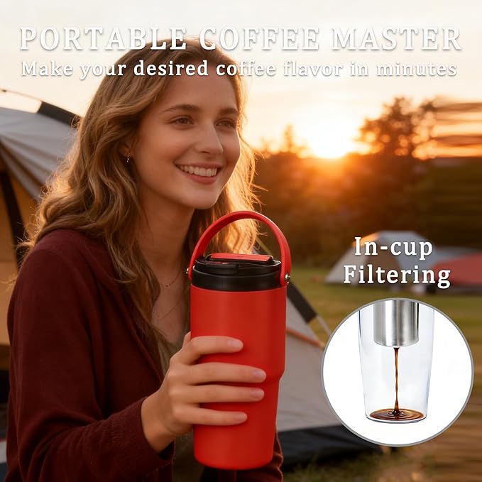 Portable Coffee Maker Mug for Travel,Mini Espresso Coffee Machine,20 oz Thermos Cup with Lid Fast Extraction Electric Filter Brewer,Insulated Stainless Steel Tumbler(Red)