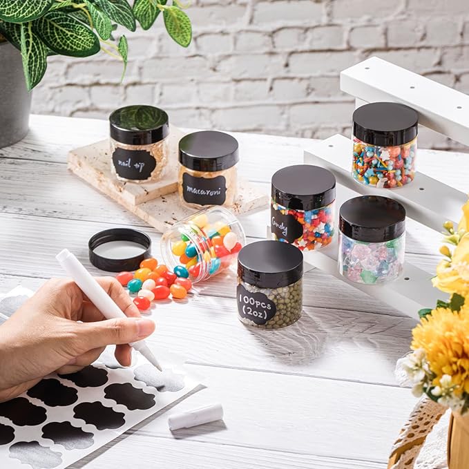 Mimorou 100 Pcs 2 oz Plastic Jars with Lids Wide Mouth Round Clear Containers with Black Label Pen Refillable Airtight Travel Storage Leak Proof Small Jars for Storing Dry Food Spice Cookie Candy