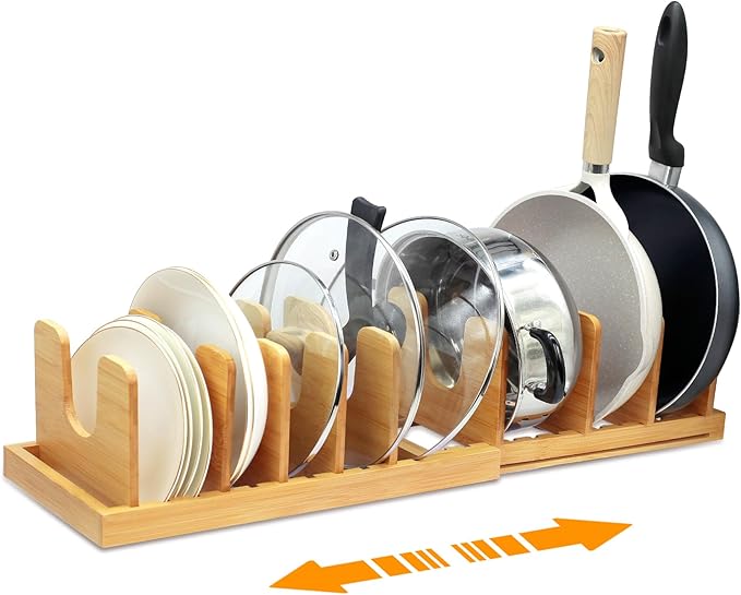 MinBoo Bamboo Expandable Pot Lid Organizer, Pot and Pan Organizer Drawer Organizer for Pot Lids, Adjustable 10 U-Shaped Dividers for Kitchen Cabinet Organizers and Storage (Bamboo-1)