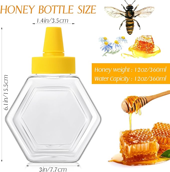 Ziliny 32 Pcs 12 oz Honey Squeeze Bottle Plastic Empty Beehive Bottle Jar with Spout Lid Clear Refillable Honey Containers for Condiment Storing and Dispensing Dispenser, Hexagon Shape