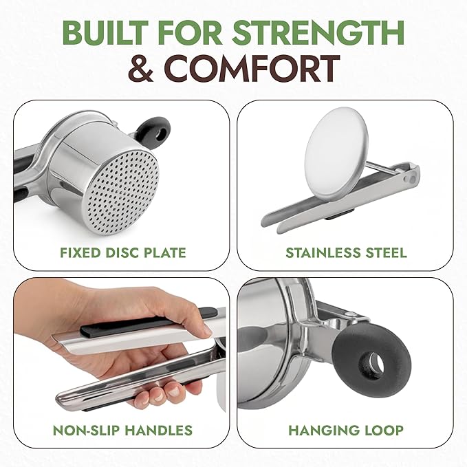Large 15oz Potato Ricer Fixed Disc - Heavy Duty Stainless Steel Potato Masher and Ricer for Mashed Potatoes | Non Slip Baby Food Squeezer, Kitchen Gadget Tool for Food Press & Food Mill