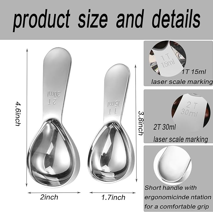 2pcs Tablespoon Coffee Scoop, Coffee Scoop Set, 15ml 30ml Tbsp Coffee Bean Measuring Spoon Stainless Steel Table Spoon Scoop with Short Handle Suitable for Tea Ground Sugar Flour