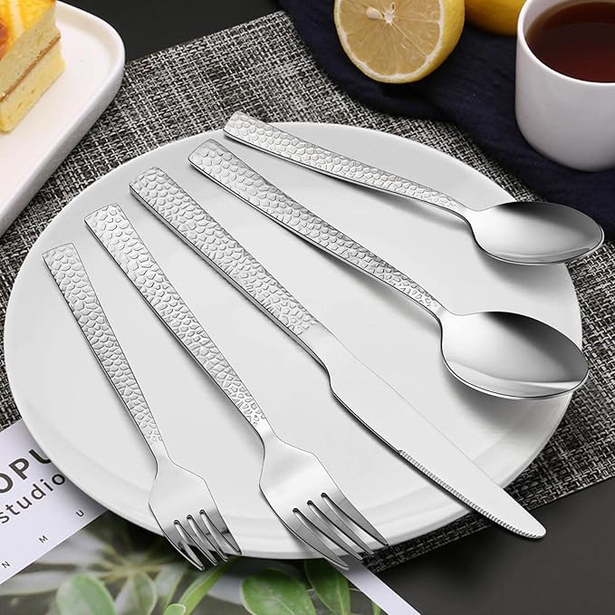 E-far 50-Piece Hammered Silverware Set, Stainless Steel Square Flatware Set Service for 10, Tableware Cutlery Set Includes Forks Spoons Knives, Modern Design & Mirror Polished - Dishwasher Safe