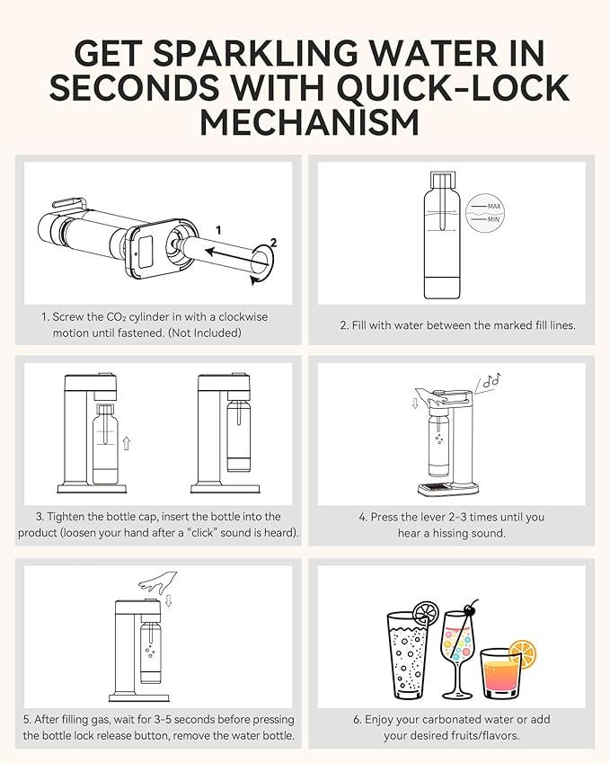 MOKKOM Sparkling Water Maker, Soda Maker with 1L PET Carbonating Bottle, Soda Streaming Machine and Beverage Carbonator, Compatible with 60L CO2 Carbonator (NOT Included) - Stainless Steel