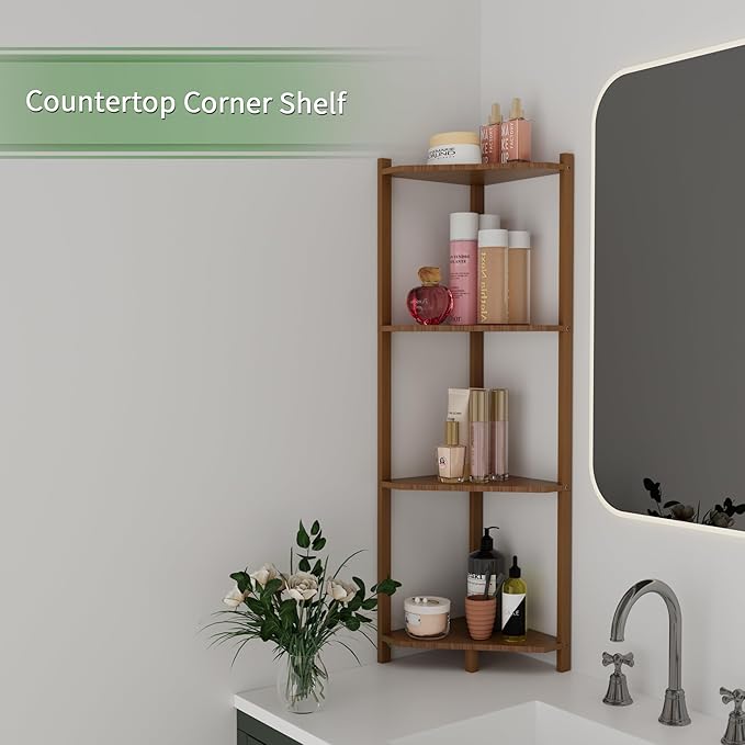Wisuce Corner Shelf, 100% Real Bamboo Shower Corner Shelves Free Standing Shelf Storage Organizer for Bathroom Living Room Kitchen (Brown, 4 Tier)