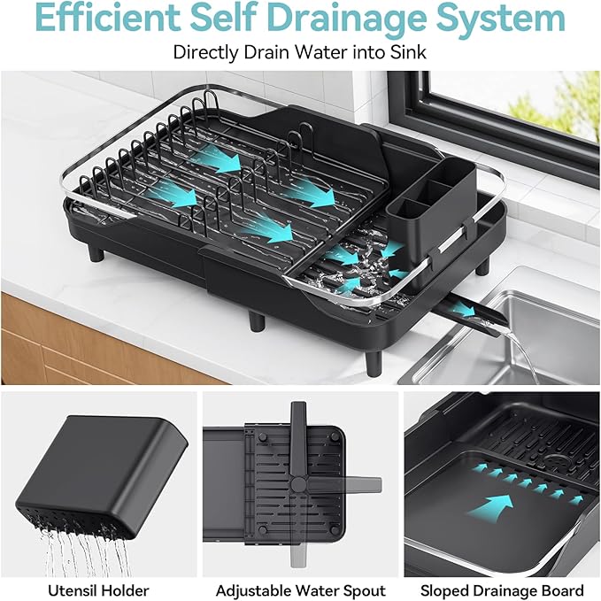 Urackify Expandable Dish Rack for Kitchen Counter,16.14"-23.62" Large Stainless Steel Dish Drying Rack with Adjustable Water Spout, Space Saving Dish Drainer with Auto Draining Cutlery Holder,Black