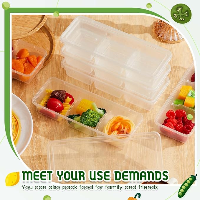 Hushee 50 Pack 17 oz Small Meal Prep Containers with 3 Compartments Snack Containers with Lid Disposable Plastic Bento Box Travel Lunch Food Boxes Stackable for Office Picnic (Black,Clear)