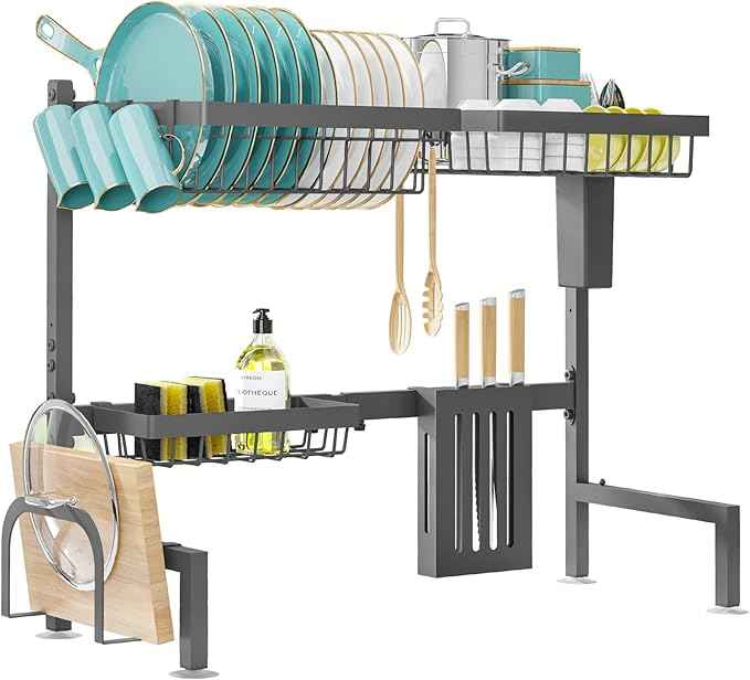 Over The Sink Dish Drying Rack - Adjustable 2 Tier Large Capacity Stainless Steel Drainer with Cutlery & Utensil Holders, Kitchen Storage & Organization, 30"-33.9" L x 11" W x 21.5" H, Gray