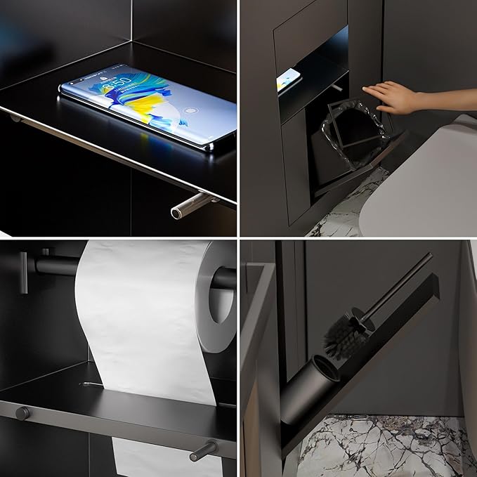 Recessed Bathroom Trash Can & Toilet Paper Holder Tile-Friendly Built-in Hidden Garbage Bin Stainless Steel Recessed Storage Cabinet Shower Nich for Toilet Bathroom Hotel,F