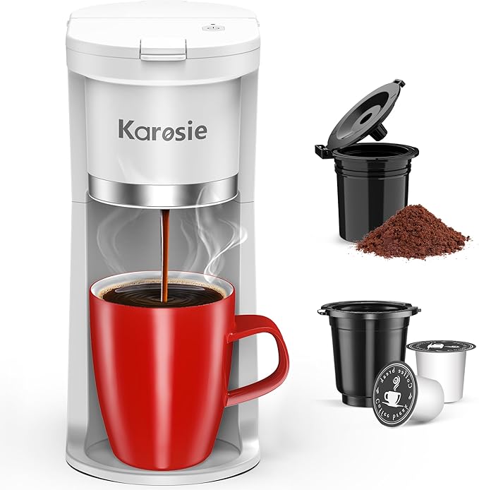 Small Single Serve Coffee Maker, Fast Brew for K-Cup & Ground Coffee, 6-12 Oz Brew Sizes, One-Button Single Cup Coffee Maker, Coffee Machine with Descaling Reminder,White,9.45 Inches