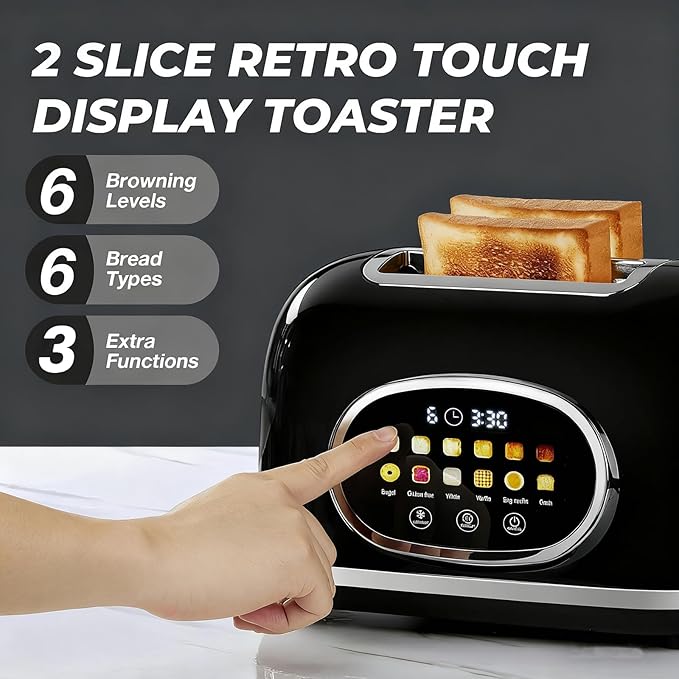 Roter Mond 2 Slice Toaster Smart Touch Screen, Retro Stainless Steel Bread Toaster with Digital Timer, Sleep Mode, Bagel, Cancel, and Defrost Functions, 6 Bread Types and Shade Settings, Black