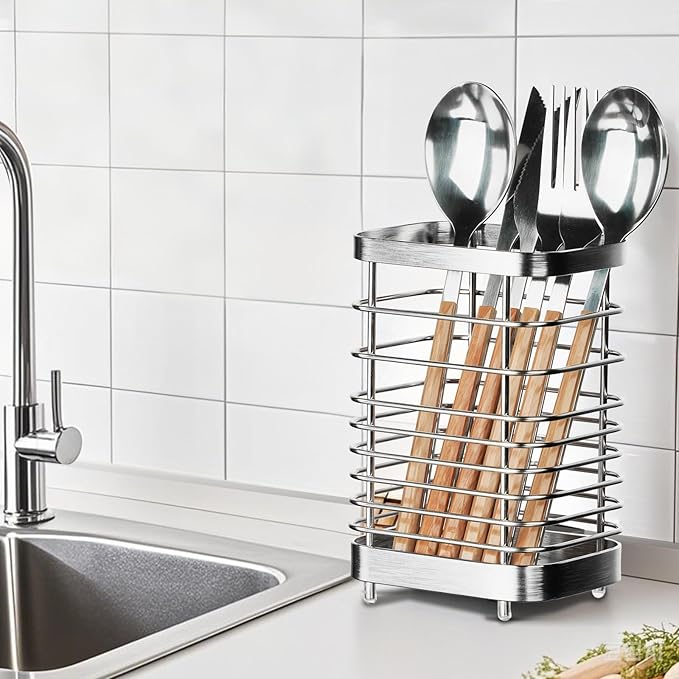 Utensil Holder, Stainless Steel Utensil Drying Rack for Kitchen Counter, Silverware Cutlery Flatware Holder Forks, Knives, Spoons, Chopsticks Organizer (Silver)