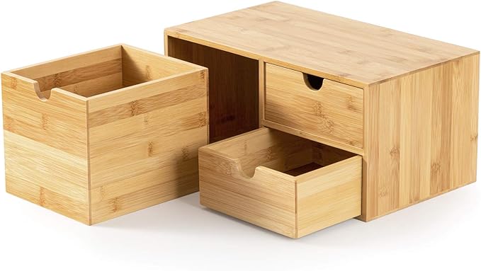 Wisuce Bamboo Desk Drawer Organizer, Desktop Organizer with Drawers Tabletop Storage Organization Box for Office Home Toiletries Supplies Vanity, No Assembly Required(3 Drawers-left right)