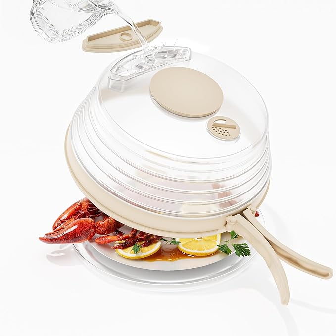 10 inch Microwave Splatter Cover for Food with Water Steamer, Collapsible Plastic & Silicone Microwave Plate Cover with Handle and Anti-Scald Base Plate, Kitchen Cooking Guard, Beige