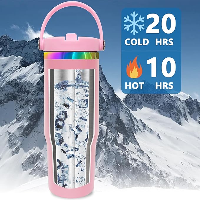 30 oz Tumbler with Handle and Straw, Vacuum Insulated Tumblers with Flip Straw and Top Handle, Leakproof Powder Coated Tumbler, Stainless Steel Travel Mug for Coffee Water((Pink)