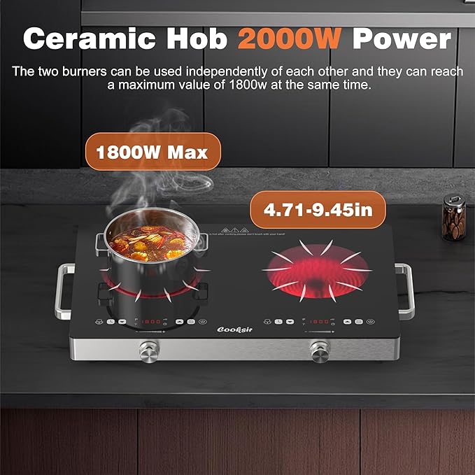 2 Burner Electric Cooktop - 24 Inch(22.2"x 13.1") Portable Electric Stove Top 110V, 2000W Countertop Two Burner Stove, Child Lock, Timer, Touch and Knob Control, 110V Plug in