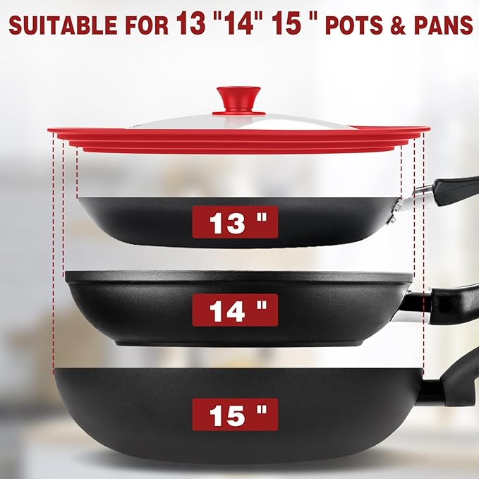13-14-15 in Universal Lid for Oversized Pots, Pans and Skillets, Extra Large Pot Lid Tempered Glass Lid with Heat-Resistant Silicone Edge, Cookware Lids, Replacement Frying Pan Cover