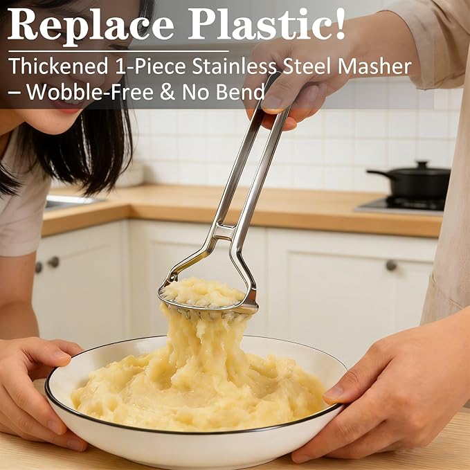Heavy Duty One-Piece Potato Masher - Solid Stainless Steel, No Seams Never Breaks - Effortless Mashing for Potatoes, Beans, Avocados - Dishwasher Safe & Rustproof, 11-Inch Kitchen Heirloom
