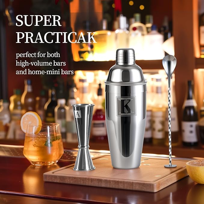 24oz Cocktail Shaker Set with 1 oz 2oz Jigger - Monogramm Initials Martini Shaker Set - 304 Stainless Steel Bar Shaker for Margarita,Mojito-Personalized Gift for Friend,Husband-E