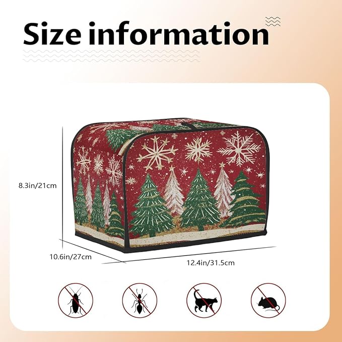 4 Slice Toaster Cover,Christmas Tree Snowflakes on Red Small Kitchen Appliance Bread Machine Cover with Pockets,Dust & Fingerprint Protection