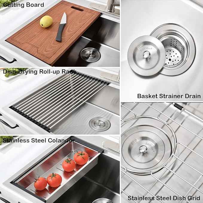 33 Inch Drop In Kitchen Sink Workstation - 33 x 22 Inch Drop In Sinks 16 Gage Stainless Steel Topmount Sinks Single Bowl 10'' Deep Handmade Above the Counter sink with Cutting Board& Strainer