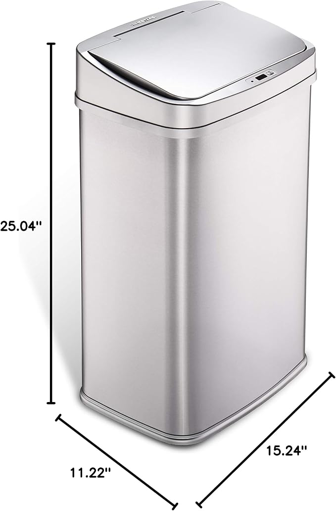 Ninestars 13 Gallon Automatic Trash Can, 50L Touchless Motion Sensor Garbage Can with Odor-Sealing Lid, Rectangular Stainless Steel, Silver Trim