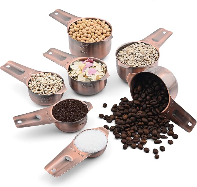 Copper Measuring Cups and Spoons Set 17, Stainless Steel 7 Measuring Cup and 9 Spoons for Dry & Liquid, Metric & US Metal Measuring Cups and Spoons Set &Leveler for Baking & Kitchen