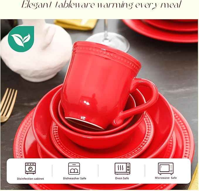 Pearl Dots Stoneware Dinnerware Set (42pc Set, Red)