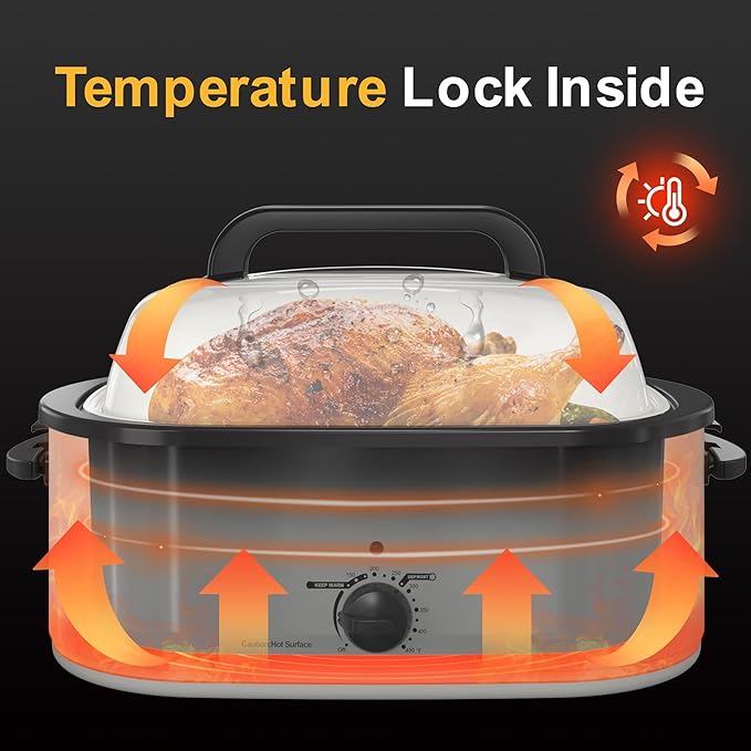RoyalCraft 24-Quart Electric Roaster Oven with Visible Self-Basting Lid, Turkey Roaster Oven with Removable Pan and Rack, Perfect for Large Meals and Holiday Feasts, White