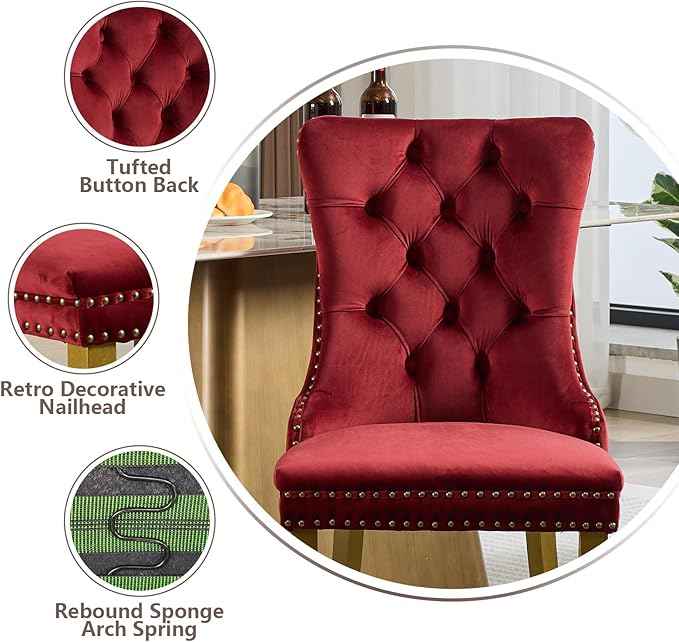 Velvet Dining Chairs Set of 4, Modern Tufted Dining Room Chair, Upholstered Dining Chairs with Lion Head Pulls Ring and Golden Solid Wood Legs, Luxury Kitchen Chairs for Dining Room, Burgundy
