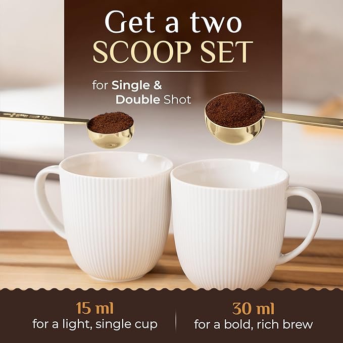 Orblue Premium Coffee Scoop Set - 1 Tbsp (15ml) & 2 Tbsp (30ml) Measuring Tablespoon - Stainless Steel Coffee Measuring Spoon and Scooper with Long Handles - Pack of 2, Light Gold